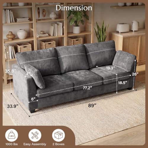 89" Sofa, Chenille 3-Seater Sofa with 2 Pillows, Grey | Easy Assembly, Pocket Spring Cushions, Comfy Modern Small Couch for Living Room, Bedroom, Apartment, Office - color: Grey, size: 89" 3-Seater Sofa