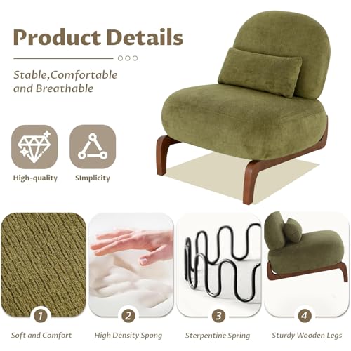 Upholstered Armless Accent Chair for Living Room, Modern Comfy Living Room Chairs with Wooden Legs & Pillows, Lounge Sofa Side Chair for Bedroom Reading (Olive Green, 1) - color: Olive Green