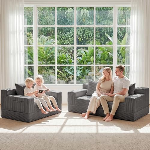 Convertible Sofa Bed,Small Boneless Couch & Boneless Loveseat,Pull Out Couch Bed for Small Spaces,Premium Luxe Corduroy Folding Floor Futon Sleeper with Side Pocket & 2 Pillows,No Assembly Required - color: A-grey, size: Lovseat