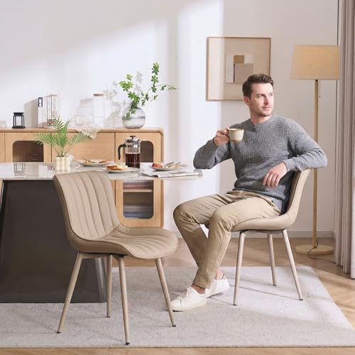 YOUNUOKE Dining Chairs Set of 2 Mid-Century Modern Kitchen Chairs Khaki | Faux leather upholstered with Back, fits dining living waiting room guest reception. Waterproof easy to clean assemble, 300lb - color: All Khaki