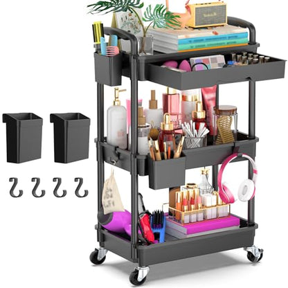 Goovilla 3 Tier Rolling Utility Cart Organizer with Removable Drawer, Black | Stable and Sturdy Rolling Storage Carts with 2 Lockable Wheels for Bathroom, Kitchen, Snack, Craft, Makeup, Baby Essentials - size: 3 Tier, style: Black