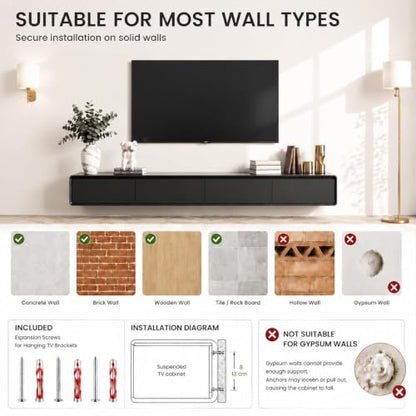 Floating TV Stand, Modern Wall-Mounted Entertainment Center with 2 Flip-Down Cabinet Doors 2 Drawers, Solid Wood Media Console (Black, 94.5") - color: Black, size: 94.5"