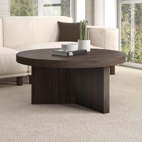 Henn&Hart 32" Scandinavian Fluted Coffee Table, Rich Brown | Ribbed pedestal base and low profile bring Scandinavian style to small spaces including living rooms or family rooms - color: Rich Brown, size: 32 inches