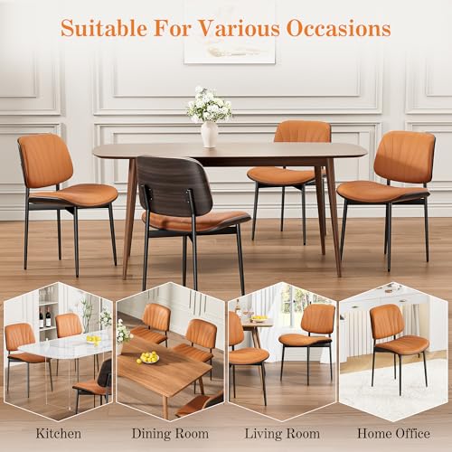 Dining Chairs Set of 2, Mid-Century Modern Upholstered PU Leather Chairs | with Walnut Back and Metal Legs Adjustable Feet for Kitchen Dining Room, Orange Shell Strips - color: Orange Shell Strips