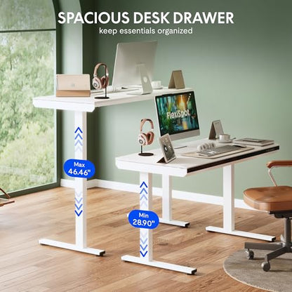 FLEXISPOT One-Piece 48" Standing Desk with Acrylic-Front Drawer, Fast-Assembly Ergonomic Sit-to-Stand Desk with MDF Top, 4 Height Memory Presets Touch-Control, Home Office Computer Workstation, White - size: 48"White+black