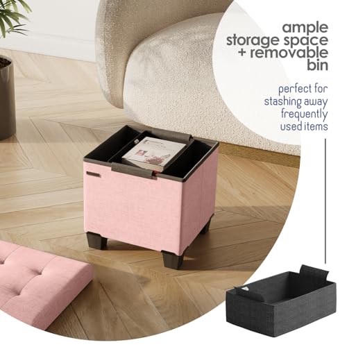 Storage Ottoman Cube with Small Bin, 15-in Square Ottoman with Storage for Living Room and Bedroom, Small Ottomans Foot Rest, Fabric Foot Stools Ottomans Max 330lbs, Pink - color: 10 - Pink