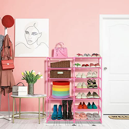 LNYZQUS 7-Tier Large Pink Shoe Rack, 24 -30 Pairs Tall Shoe Organizer Shelf, Kids Boots Stand Organizer For Garage Closet Entryway
