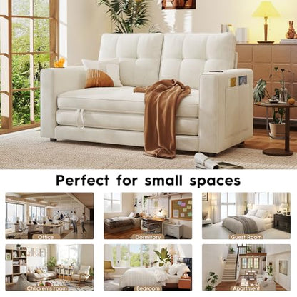 55" Convertible Folding Sofa Bed, Pull Out Couch Love Seat Sleeper Bed, Small Fold Out Loveseat sleeper with Cup Holder and Pillow for Small Space, Bedroom Lounge, Dorm, Living Room(Beige Chenille) - color: Beige