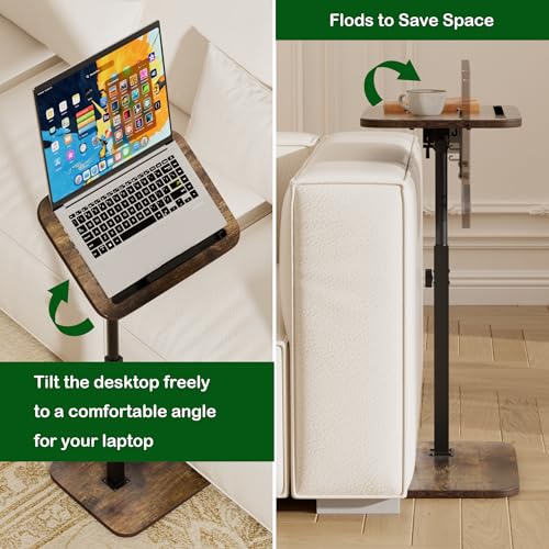 TV Tray Side Table for Couch | 360° Swivel, Adjustable Height Rotating, C Table End Table Laptop Desk, Phone & Tablet Slot - color: Rustic Brown