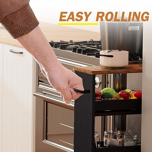 TEAMIX Slim Rolling Storage Cart, Wood 4-Tier Narrow Kitchen/Laundry Cart - color: Black+brown, size: 5-1/2'' W