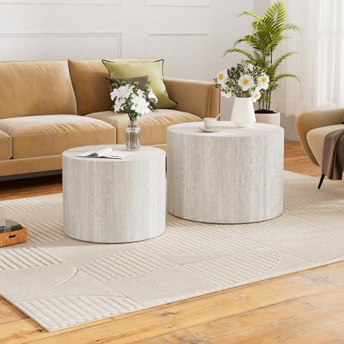 18 inch Round Travertine Nesting Coffee Table Set of 2, Terrazzo | Travertine Veneer, For Living Room, Mid-Century Modern Style, Nestable Design, Circular Nested End Table, For Small Spaces - color: Terrazzo