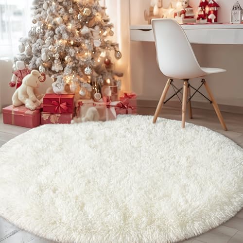 4ft Fluffy Cream White Round Rug for Bedroom, Washable Non-Slip | Soft Shag White Circle Rug for Kids Room Dorm Living Room Home Decor, Thick Memory Sponge, Flame Resistant - color: Cream White, size: 4' (Round)
