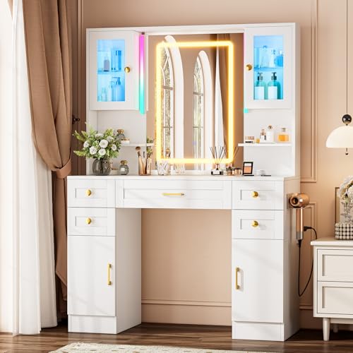 Vanity Desk with Mirror and LED Lights & Power Outlet | Large Makeup Vanity Table with 5 Drawers and 4 Storage Cabinets, White Dressing Table for Bedroom - size: 049 White