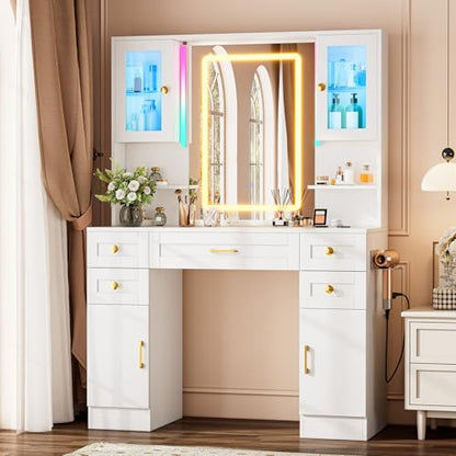 Vanity Desk with Mirror and LED Lights & Power Outlet | Large Makeup Vanity Table with 5 Drawers and 4 Storage Cabinets, White Dressing Table for Bedroom - size: 049 White