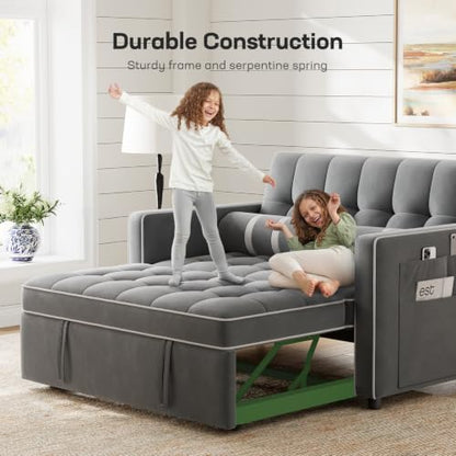Marsail 3-in-1 Convertible Futon Sleeper Sofa Bed, Pull Out Couch with Adjustable Backrest, USB Charging & Side Pockets, Velvet Fabric Sofa for Living Room, Apartment, Loveseat, Grey - color: Grey