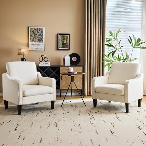 VINGLI Mid Century Modern Accent Chair, Beige Fabric Accent Chairs for Living Room Upholstered Armchair Sofa with Scooped Arms for Bedroom, Apartment, Studio, Office, Waiting Room - color: Beige