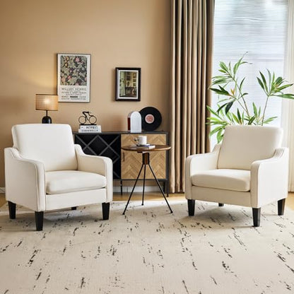 VINGLI Mid Century Modern Accent Chair, Beige Fabric Accent Chairs for Living Room Upholstered Armchair Sofa with Scooped Arms for Bedroom, Apartment, Studio, Office, Waiting Room - color: Beige