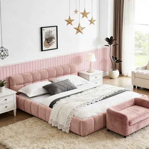 Chenille Fabric Upholstered Platform Bed Frame with Soft Headboard, Modern Low Profile Grounded Design, No Box Spring Needed, Sturdy MDF & Wood Frame, Neutral Style (Pink, Queen (U.S. Standard)) - color: Pink, size: Queen (U.S. Standard)
