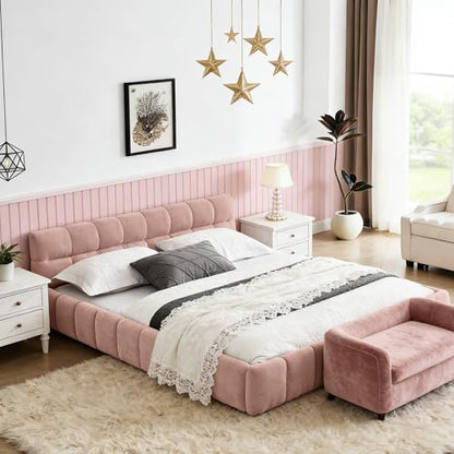 Chenille Fabric Upholstered Platform Bed Frame with Soft Headboard, Modern Low Profile Grounded Design, No Box Spring Needed, Sturdy MDF & Wood Frame, Neutral Style (Pink, Queen (U.S. Standard)) - color: Pink, size: Queen (U.S. Standard)