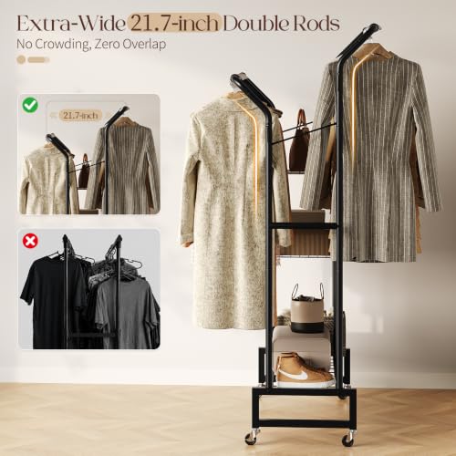 Yoobure Double Rods Clothes Rack - Portable Clothing Rack with Wheels, Rolling Garment Rack with 3-Tier Shelves & 4 Hooks, Freestanding Clothing Racks for Hanging clothes, Coat Rack for Closet Bedroom - color: Black