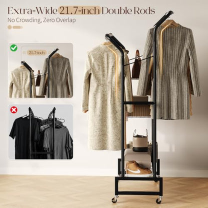 Yoobure Double Rods Clothes Rack - Portable Clothing Rack with Wheels, Rolling Garment Rack with 3-Tier Shelves & 4 Hooks, Freestanding Clothing Racks for Hanging clothes, Coat Rack for Closet Bedroom - color: Black