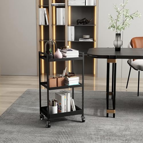 3-Tier Metal Utility Rolling Cart, Heavy Duty Multifunction Rectangular Cart with Lockable Casters, Easy to Assemble, Suitable for Office, Bathroom, Kitchen - Black - color: Black, size: 31.2"H