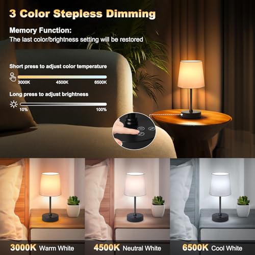 Wowag Small Cordless Table Lamp,5000mAh Rechargeable Battery Operated Desk Lamp,3 Colors & 7 RGB Stepless Dimmable, Portable Touch Wireless Lamp for Bedroom,Dining Table,Restaurant 2 Pack (White) - color: Black+White Shade 2 pack, size: 11.4in