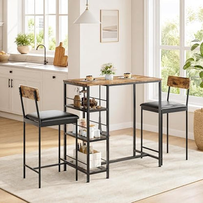 3-Piece Counter Height Dining Set for 2, Small Space Pub Table with 2 Upholstered High-Back Stools, Narrow Kitchen Bar Table with 3-Tier Storage Shelf, Industrial Dining Set for Breakfast Nook - color: Brown
