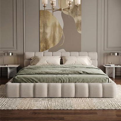 Chenille Fabric Upholstered Platform Bed Frame with Soft Headboard, Modern Low Profile Grounded Design, No Box Spring Needed, Sturdy MDF & Wood Frame, Neutral Style, Beige, Queen - color: Beige, size: Queen (U.S. Standard)