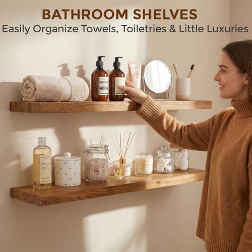 Dreamland 36 Inch Long Floating Shelves Set of 2, Rustic Solid Elm Wood Floating Shelf Wall Mounted, 8 Inch Deep Wooden Wall Shelves for Living Room, Bedroom, Bathroom, Kitchen, Natural - color: Natural, size: Flat Edge - 36"L
