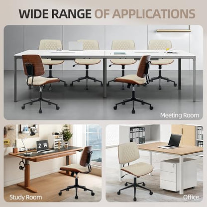 Home Office Desk Chair with Swivel Wheels, Ergonomic Adjustable Height Small Office Chair, Premium PU Leather Armless Computer Chair for Home Office, Reading Meeting Room, Modern Walnut Style (Beige) - color: Mcm Style-beige