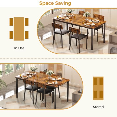 IRONCK 5-Piece Extendable Dining Table Set, 63" Kitchen Table with 4 Chairs | Space-saving Dining Table Set with Extendable Drop Leaf Design, MDF Top and 4 Upholstered Chairs for Kitchen or Dining Room