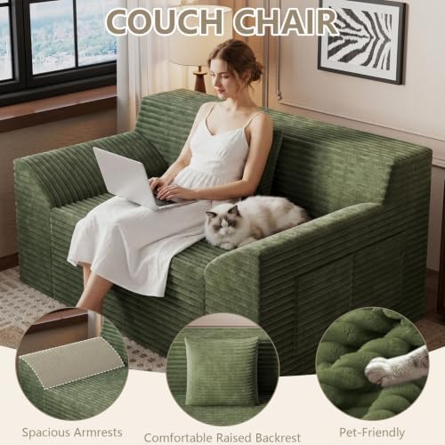 42" Boneless Oversized Chair with Side Pocket, Sofa Small Single Couch in a Box, Deep Seating Boneless Chair for Bedroom Living Room Office Apartment, No Assembly, Green - color: Green, size: 42'' Style 4