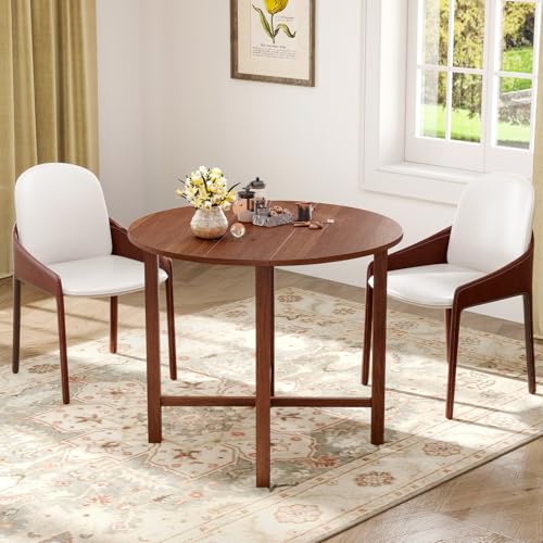 GOFLAME 36” Folding Dining Table for 2-4, Round Drop Leaf Kitchen Table with Solid Wood Legs, Space Saving Extendable Table for Dining Room, Living Room, Small Space, Walnut - color: Walnut