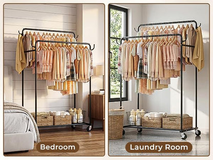 Clothes Rack, Rolling Clothing Rack with Double Rods for Hanging Clothes, Portable Garment Rack with Wheels, Metal Wardrobe Closet Organizer for Bedroom and Laundry Room