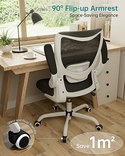 Office Chair, Ergonomic Desk Chair with Adjustable Lumbar Support and Flip up Armrest, Breathable Mesh Computer Chair for Home Office, White - color: White