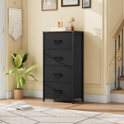 DWVO Dresser with 4 Drawers - Fabric Storage Tower | Organizer Unit for Bedroom, Living Room, Hallway, Closets - color: Black and Rustic Brown, style: 4-Drawer