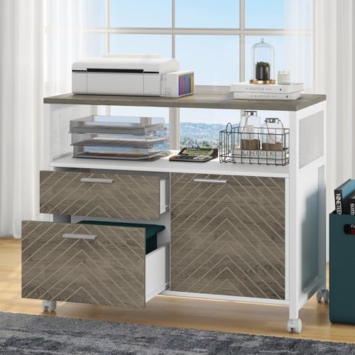 Tribesigns Modern File Cabinet with Drawers for Letter-Sized File and Door, Lockable lateral Filing Cabinet Printer Stand with Storage Shelves and with Rolling Caster for Home Office (Oak) - color: Oak