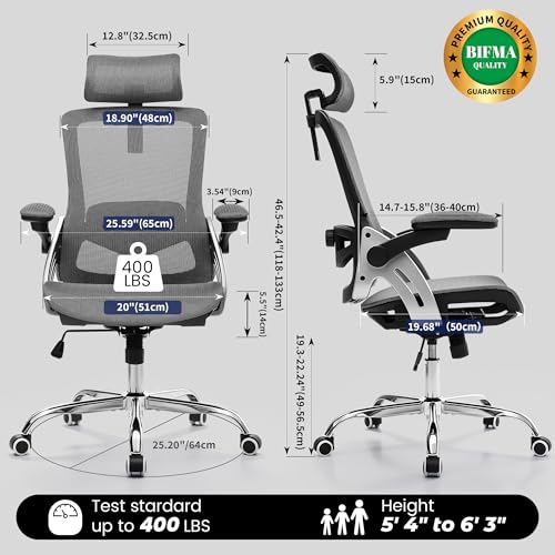Fizzin Office Chair Mesh Desk Chair with 3D Armrests Computer Chair | Ergonomic Office Chair with Adjustable Lumbar Support and Headrest 125° Tilt and Wide Mesh Cushion High Back Home Desk Chair - color: Black-gray