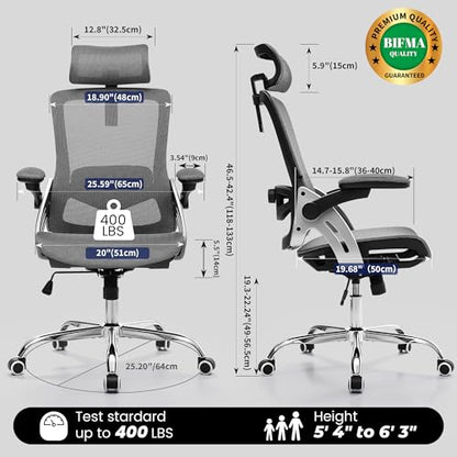 Fizzin Office Chair Mesh Desk Chair with 3D Armrests Computer Chair | Ergonomic Office Chair with Adjustable Lumbar Support and Headrest 125° Tilt and Wide Mesh Cushion High Back Home Desk Chair - color: Black-gray