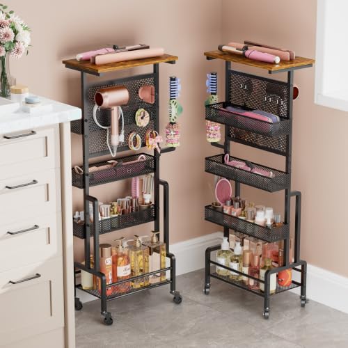 VINAEMO Hair Tool Organizer Cart, Slim Rolling Hair Dryer Holder for Vanity Bathroom Salon, Hot Tool Storage Cart with Heat Resistant Basket for Curling Flat Iron, Blow Dryer Care & Styling Tools