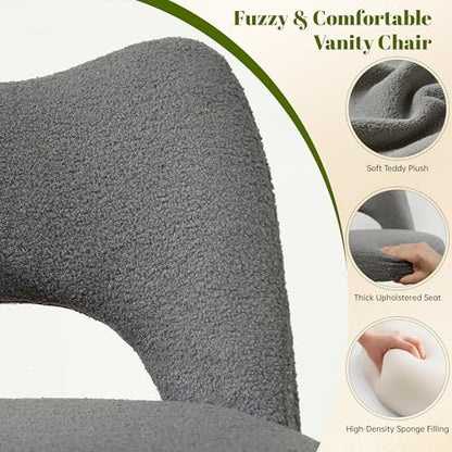 DurayLoly Vanity Chair with Open-Back & Wheels,Armless,Grey | 360° Silent Wheels,Comfy Teddy Fleece,Height Adjustable for Make-up Room,Bedroom,Dorm,Grey - color: Grey