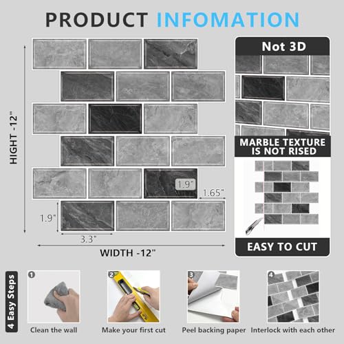URCOLOR 10-Sheet Peel and Stick Backsplash for Kitchen,12"x12" Self Adhesive Wall Tiles Stick on Back Splashes for Bathroom Gray Marble Look - color: Gray Marble