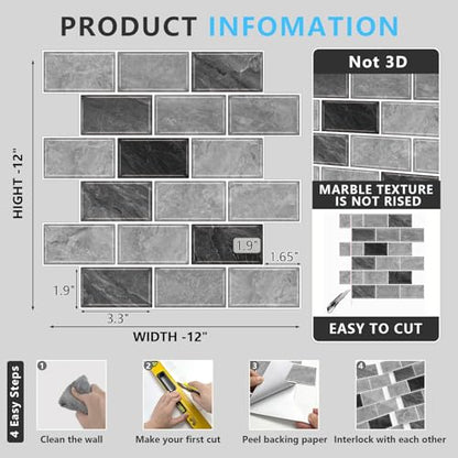 URCOLOR 10-Sheet Peel and Stick Backsplash for Kitchen,12"x12" Self Adhesive Wall Tiles Stick on Back Splashes for Bathroom Gray Marble Look - color: Gray Marble