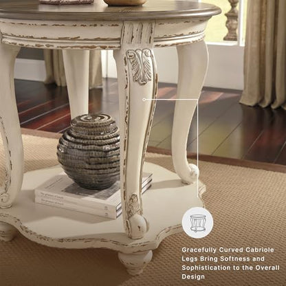 Signature Design by Ashley Realyn Round End Table, French Country, White | Ash veneer & engineered wood, Cast resin corbels, Fixed lower shelf, French country side table, White end table