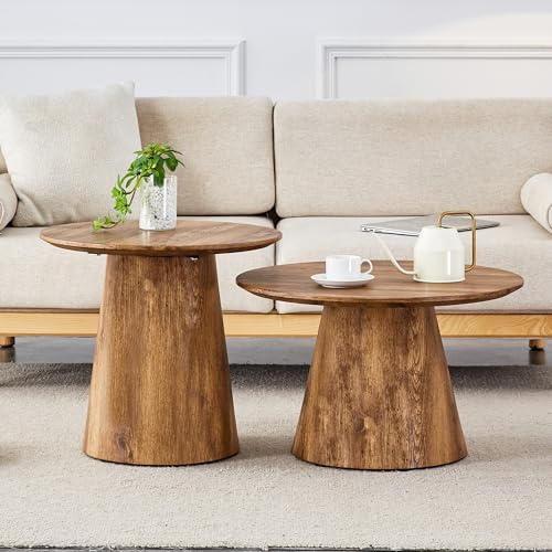 Wood Coffee Table Set of 2, Farmhouse Nesting Tables with Natural Wood Grain Round Tabletop & Wooden Cone Base, Round Layered Low Profile Accent Tables Ideal for Living Room, APT, Small Space - color: Wood Nesting Coffee Table