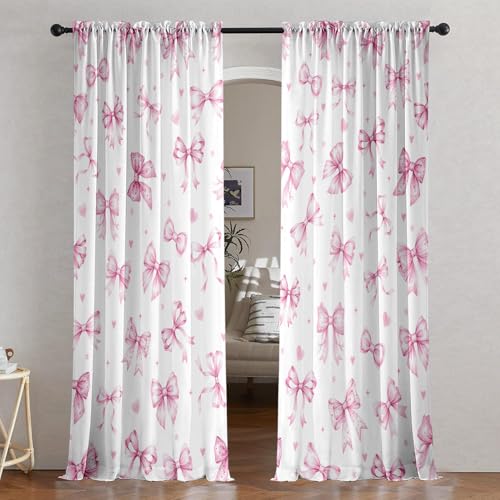 Pink Bow Curtains for Living Room,Pink Bow Curtains 84 Inches Long 2 Panels,Semi Sheer Privacy Curtain with Rod Pocket for Girls Bedroom,Cute Decorative Light Filtering Drapes,W52 x L84 Inch - color: Pink Bow, size: 52"W x 84"L (Pack of 2)