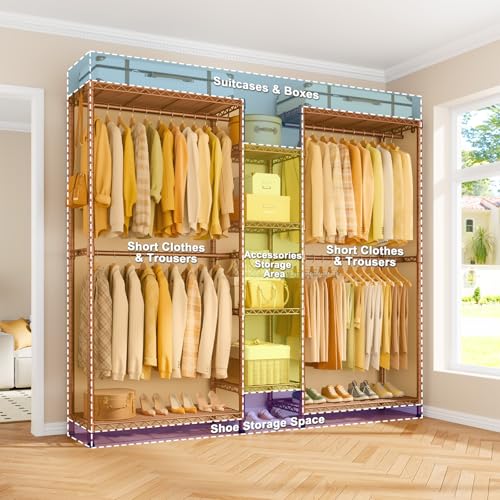 E4L L-shaped Clothes Rack, Heavy-Duty Garment Rack, Metal Freestanding Clothing Organization Storage System with Shelves and Hangers, Max Load 962lbs, 42.7" W x 42.7" D x 79.3" H, Bronze - color: Bronze