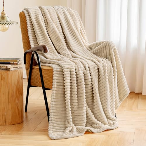 MIULEE Fleece Throw Blanket with Stripe Pattern Fuzzy Flannel Beige Blanket for Couch Plush Warm Cozy Bed Blanket Boho Decor for Bed Sofa Chair Throw Size 50"x60" - color: Beige, size: 50"x60"