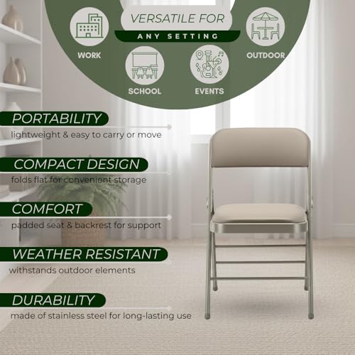 Pack of 2 (Fabric/Vinyl) Steel Frame Metal Foam Padded Folding Chairs (Black, Gray, White) - color: 2-pack - Vinyl Beige